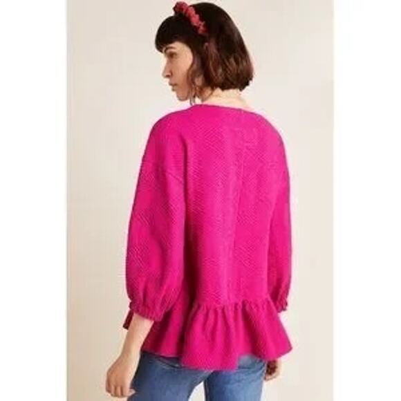 Anthropologie Maeve Pink Mikayla Peplum Top Size Womens Large Blouse Preppy - Picture 2 of 10